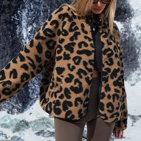 Casual Women's Street Style Random Leopard Fluffy Trim Short Jacket Coat - Picture 3 of 8